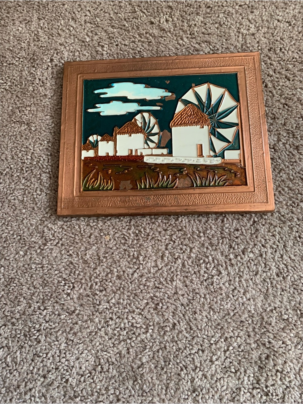 Copper-Trim Teal and White Windmill Wall Plaque